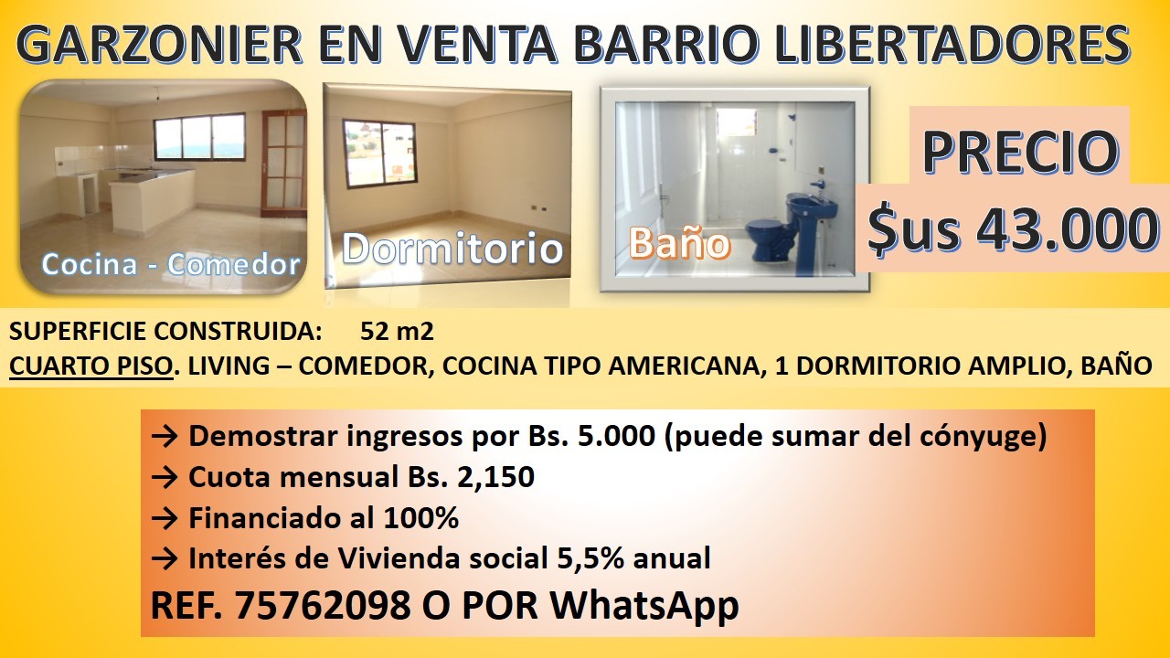 Departamento en VentaGARZONIER EN BARRIO LBERTADORES 1 dormitorios 1 baños  Foto 1