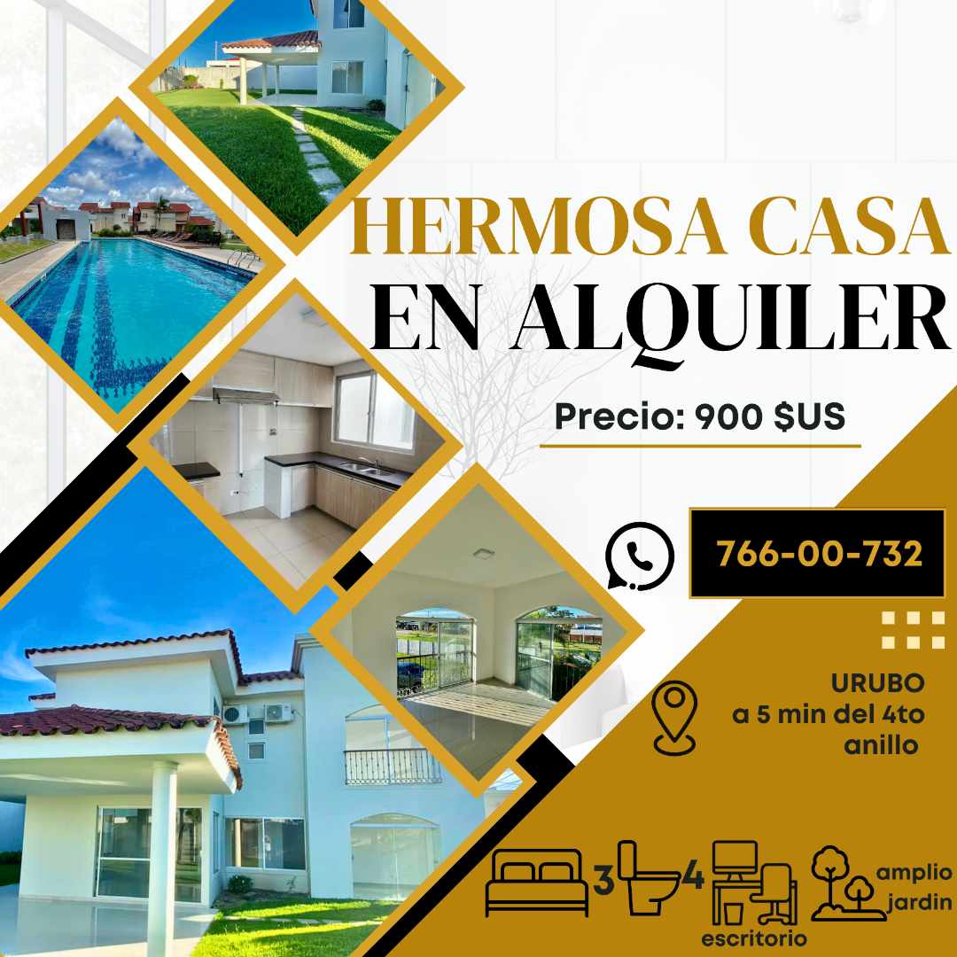 Casa en AlquilerURUBO, A SOLO 5 MIN DEL PUENTE DEL URUBO 3 dormitorios 4 baños 6 parqueos Foto 1