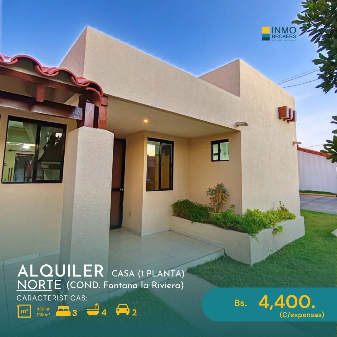 Casa en AlquilerZona Norte
Condominio La Fontana de la Riviera  3 dormitorios 2 baños 2 parqueos Foto 1