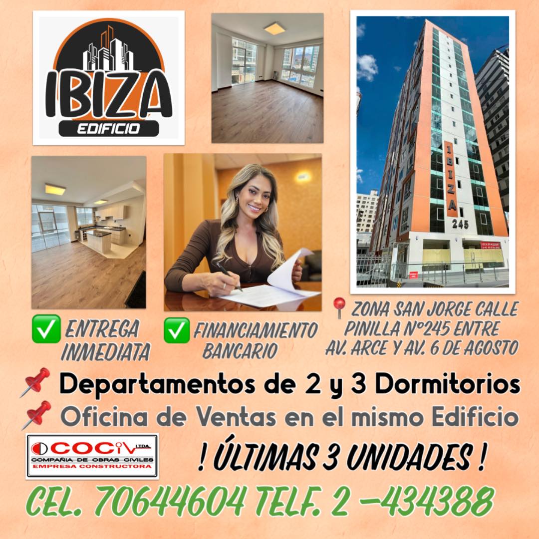 Departamento en VentaEdificio IBIZA, San Jorge, Calle Pinilla #245 Entre Av. Arce y Av. 6 de Agosto. Foto 1