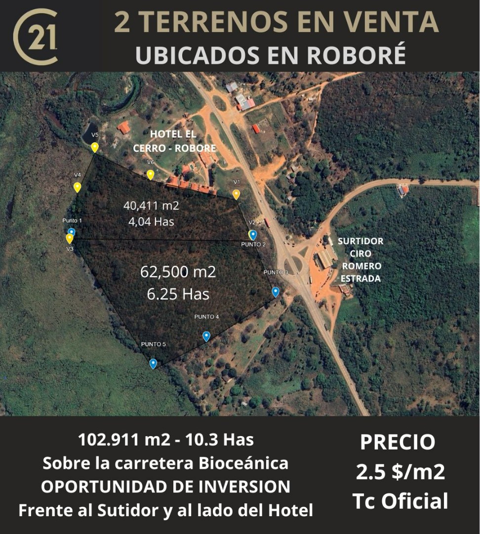 Terreno en VentaROBORÉ frente a rotonda de ingreso y gasolinera, sobre Carretera Bioceánica    Foto 1
