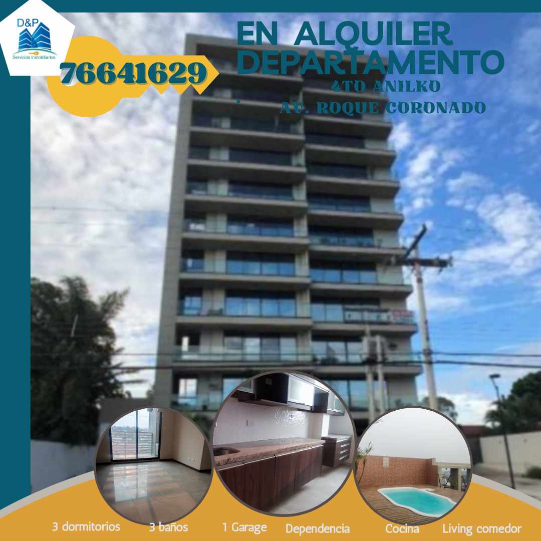 Departamento en AlquilerZona Oeste, 4to anilo Roque Coronado, Amplio departmento de 2 Dor/con parqueo bajo techo y Balcon ( el precio incluye expenses) 2 dormitorios 2 baños 1 parqueos Foto 1