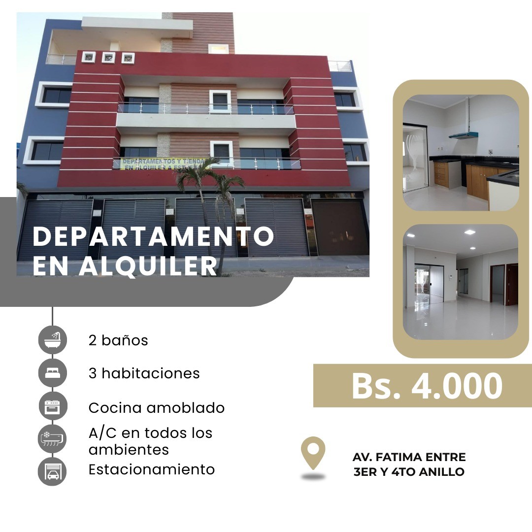Departamento en AlquilerAv. fatima, 3er y 4to anillo,Doble via la guardia 3 dormitorios 2 baños 1 parqueos Foto 1