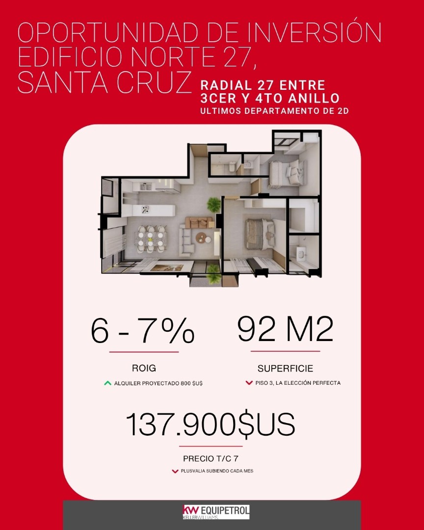 Departamento en Entre 3er y 4to anillo Norte en Santa Cruz de la Sierra 2 dormitorios 2 baños  Foto 11